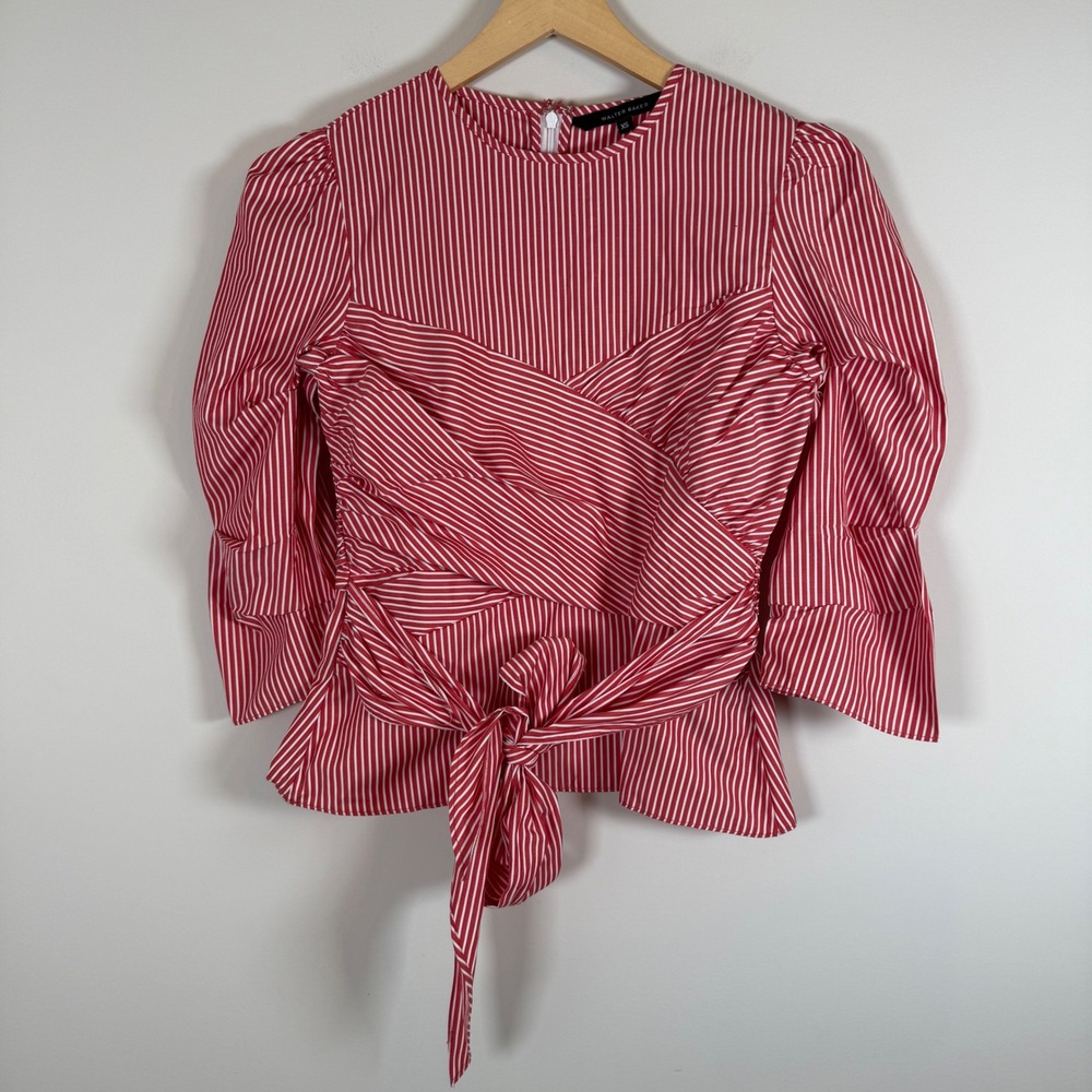 Walter Baker Striped Puff Sleeve Tie Front Waist Top Blouse Shirt XS 100% Cotton